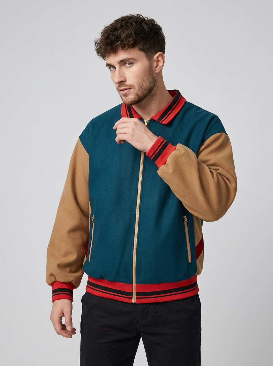 Men's Jacket Colour Block Zip Front | Varsity