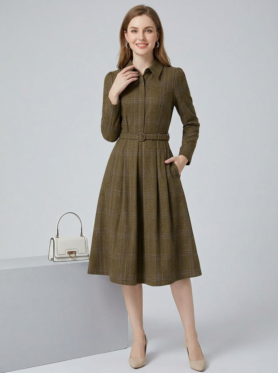 Women's Long Sleeve Dress Belted | Midi