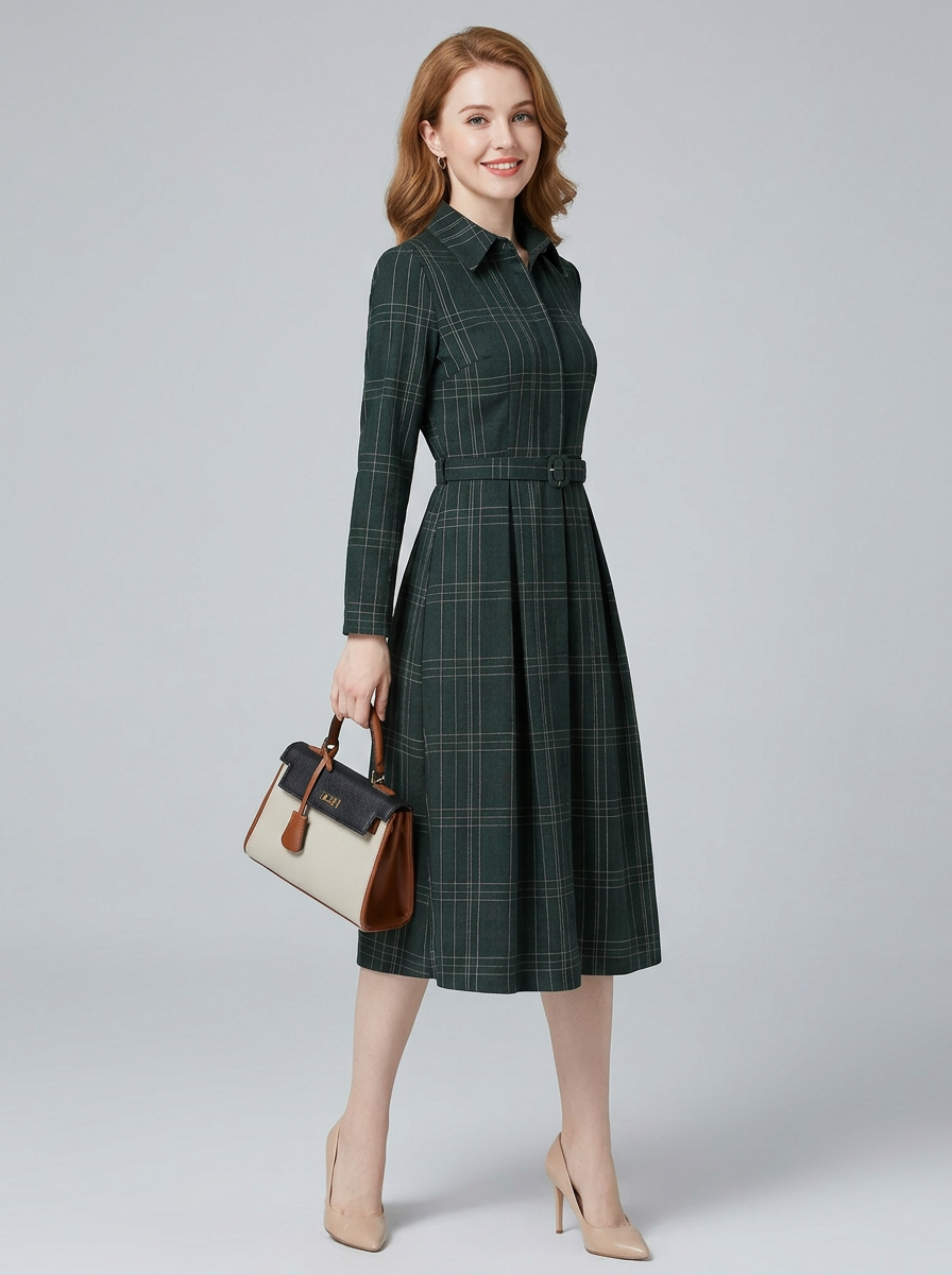 Women's Long Sleeve Dress Belted | Midi