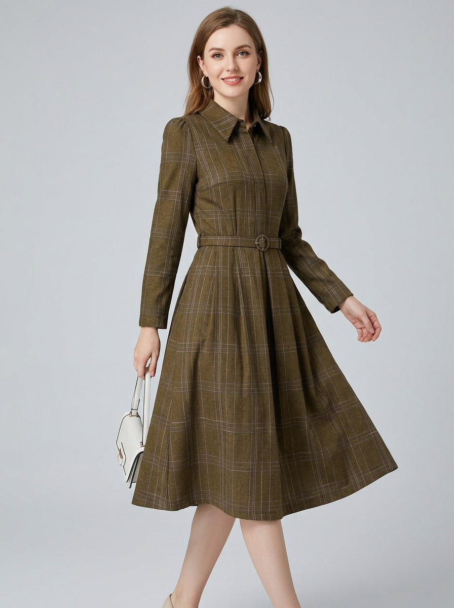 Women's Long Sleeve Dress Belted | Midi