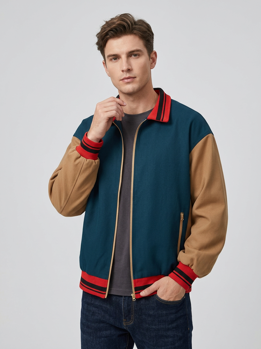 Men's Jacket Colour Block Zip Front | Varsity