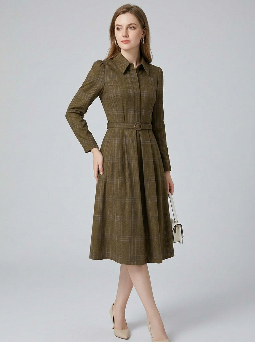 Women's Long Sleeve Dress Belted | Midi