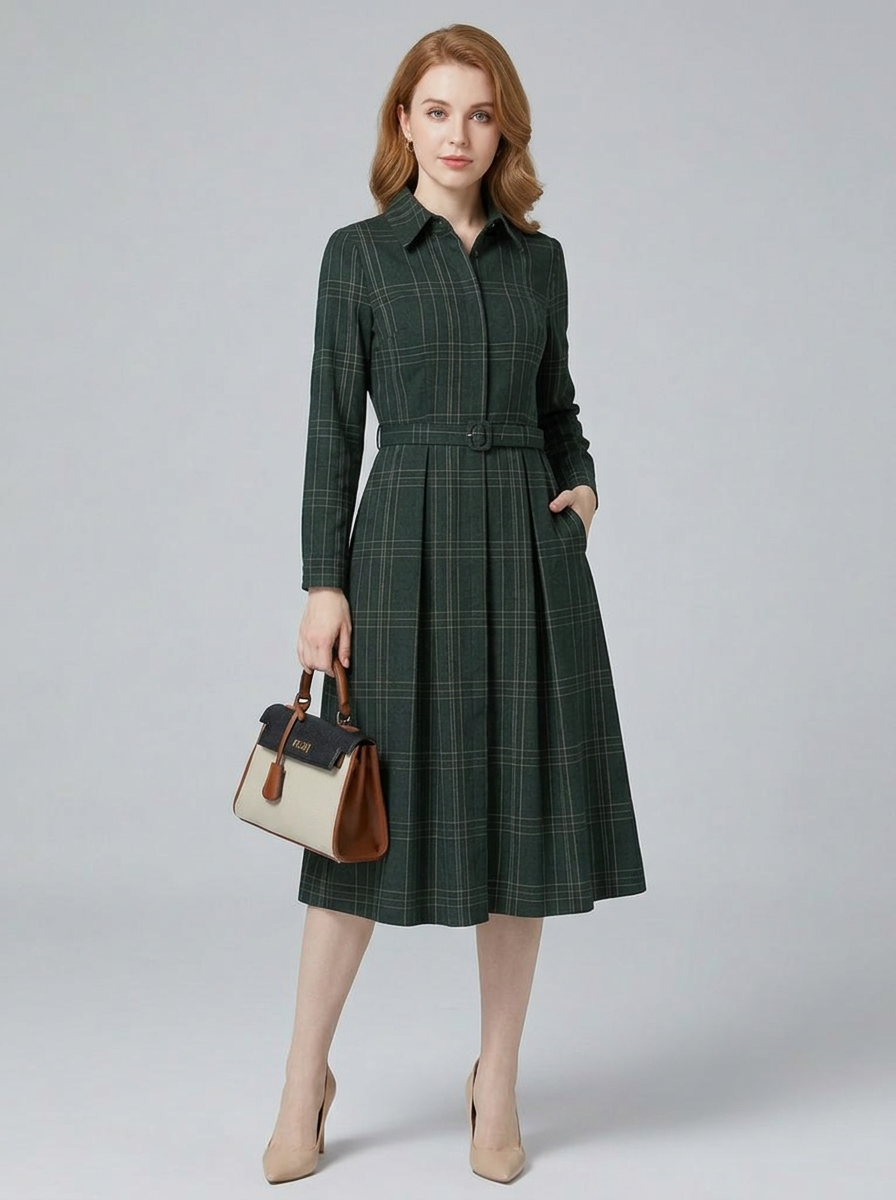 Women's Long Sleeve Dress Belted | Midi